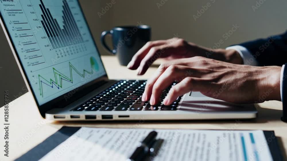 Poster close up slow motion montage of a businessman's hands typing on a laptop keyboard with financial cha