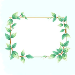Fototapeta premium A dynamic digital sketch of a minimal nature-inspired sign with soft green leaves forming a rectangular frame. Watercolor texture, elegant and airy vector illustration style, blank white space.
