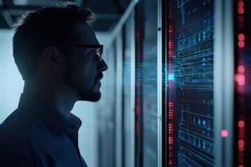 Fototapeta premium IT specialist monitoring data servers with futuristic augmented reality overlays