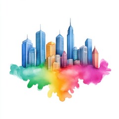 Obraz premium Colorful Watercolor Cityscape Featuring Skyscrapers with Vibrant Rainbow Splashes and Artistic Flair