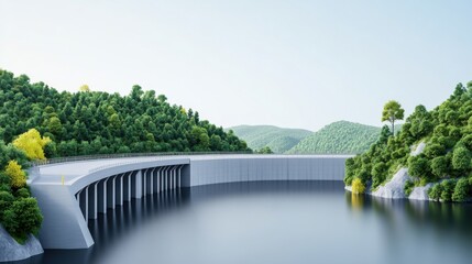 Fototapeta premium Modern dam structure with lush green hills reflecting in calm water under a clear blue sky
