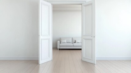 Elegant White Room Interior Design: Open Doors Reveal a Cozy Living Room