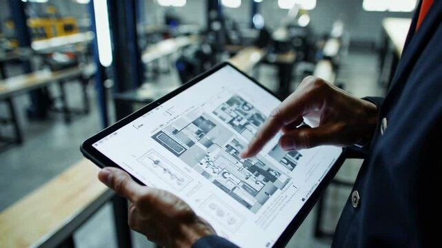Engineer consults building schematics on a digital tablet in a factory, exploring different sections of the plan in a slow motion sequence