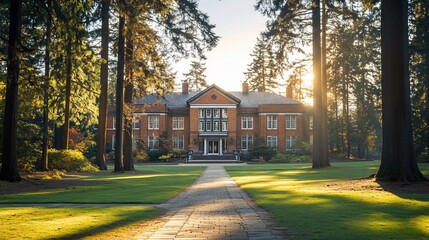 Fototapeta premium Sunrise mansion, forest path, autumnal grounds, tranquil scene