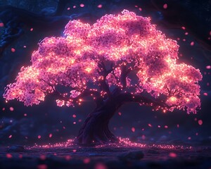 The luminous cherry blossom tree glows with an ethereal luminescence
