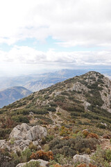 The mountain panorama opening from the hiking path to pick Puig Campana, Finestrat, Benidorm, Spain