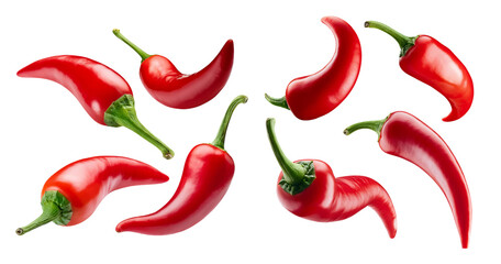 Assorted Fresh Red Chili Peppers Variety on White Background, isolated on transparent background
