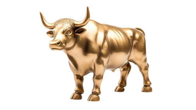 Sculpture of a golden bull representing strength and prosperity in a minimalistic display setting