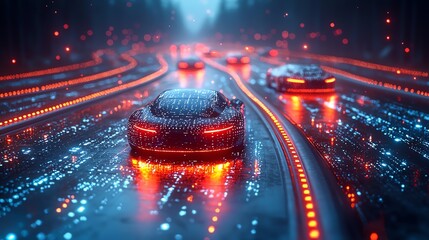 Aerial view of a car manufacturing hub with self-driving delivery bots