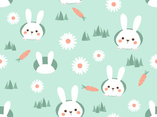Seamless pattern with rabbit in the hole, green grass, carrot and daisy flower on green background vector.