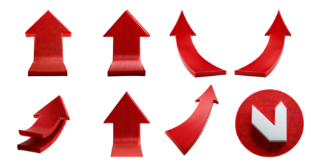 Set of Directional Red Arrows for Navigation and Guidance Design, isolated on transparent background