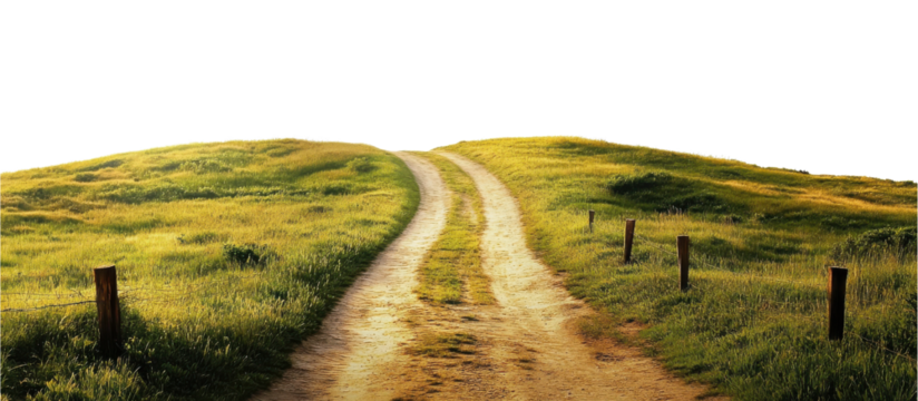 Winding Road Through Green Hills: An asphalt road gracefully curves through rolling green hills, isolated on transparent or white background, png, inviting exploration and travel.