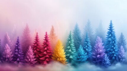 Colorful Trees in Misty Landscape with Vibrant Hues and Ethereal Atmosphere for Dreamy Nature Background