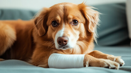 Injured dog resting on a couch with a bandaged paw, receiving care and comfort at home for a speedy recovery.