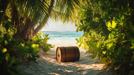 Fototapeta premium Treasure chest on tropical beach, finding riches