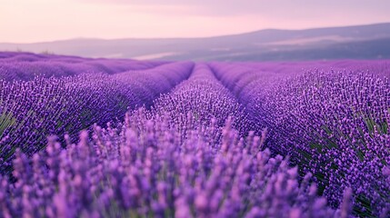 Naklejka premium Lavender Field at Dusk Rows of Purple Flowers Farm Landscape