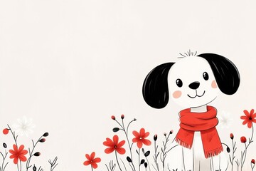 Cute dog with red scarf in floral setting
