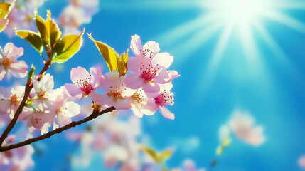 Breathtaking cherry blossoms in full bloom under a radiant blue sky, perfect for spring-themed designs and nature-inspired branding