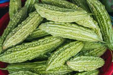 fresh green Momordica charantia on the Asian grocery market