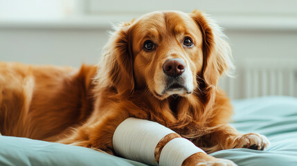 Golden Retriever with bandaged paw resting on bed, promoting pet care, injury recovery tips, and veterinary health advice online.