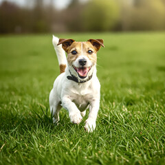 Joyful Run in the Sun: A happy Jack Russell Terrier bounds through vibrant green grass towards the camera. Capturing the essence of playfulness, happiness, and outdoor fun. 