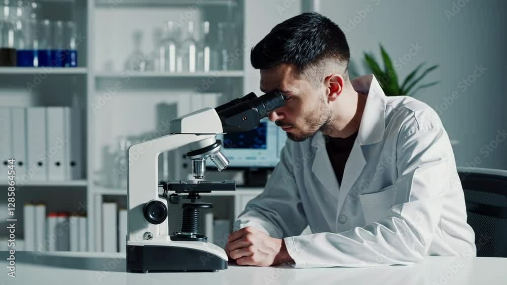 Poster laboratory technician carefully examining samples using a microscope, conducting scientific research