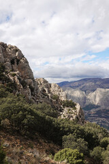 The mountain panorama opening from the hiking path to pick Puig Campana, Finestrat, Benidorm, Spain