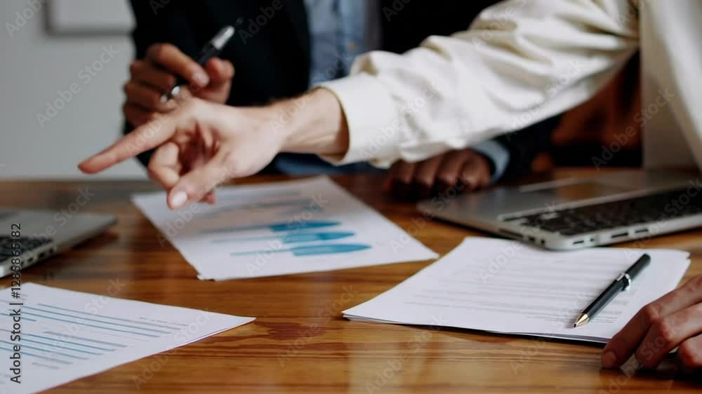 Poster professional business team analyzing financial data, carefully reviewing charts and graphs while col