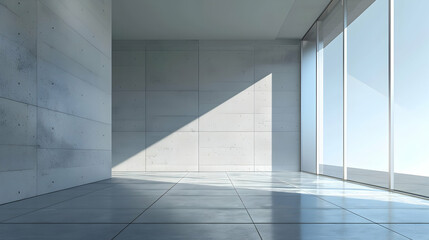 Obraz premium Minimalist interior of a modern room with large windows casting shadows on concrete walls