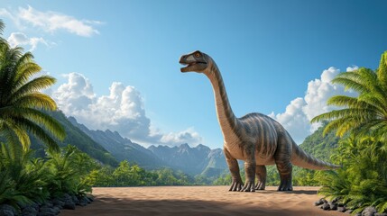 Obraz premium Majestic Dinosaur Walking Through Lush Tropical Landscape with Mountains Under Bright Blue Sky
