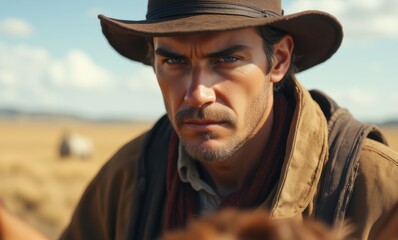 Intense cowboy in open landscape