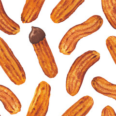 Seamless watercolor pattern of sweet fried sugar churros