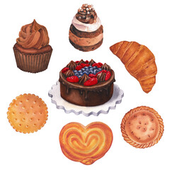 Watercolor collection of various pastry treats, such as cake, cupcake, bun, cookie, croissant and pie
