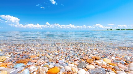 Colorful pebbles beach, calm sea, summer sky, vacation