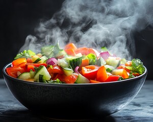Fresh bowl salad is steaming hot ready and ready to eat