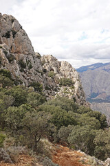 The mountain panorama opening from the hiking path to pick Puig Campana, Finestrat, Benidorm, Spain