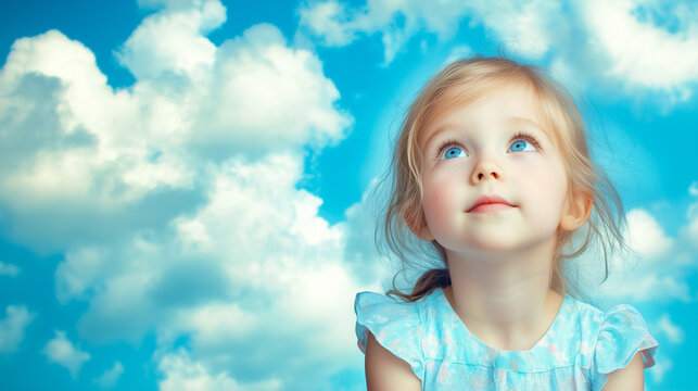 Dreamy-eyed little girl gazing at the sky, symbolizing innocence, wonder, and imagination, perfect for childhood, inspiration, and hope-themed content