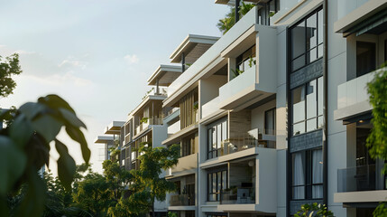 Obraz premium Modern residential buildings with balconies surrounded by lush greenery in a serene setting