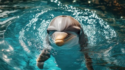 Playful dolphin surfacing in aquarium tank with splashing water