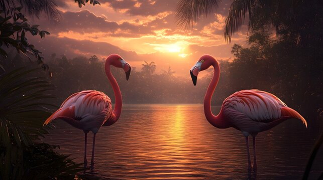 A pair of flamingos standing in a lake at sunset