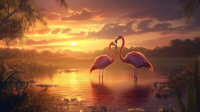 A pair of flamingos standing in a pond with reflection