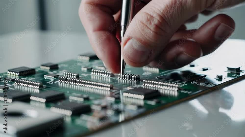 Poster Skilled engineer carefully working with precision tools while repairing delicate electronic circuit board under slow motion on reflective white surface