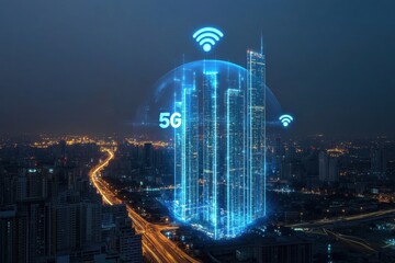 A city skyline with a blue circle around it that says 5G