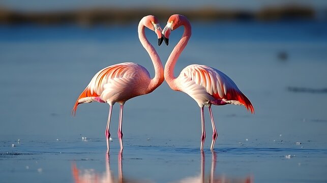 A pair of flamingos standing in a pond with reflection