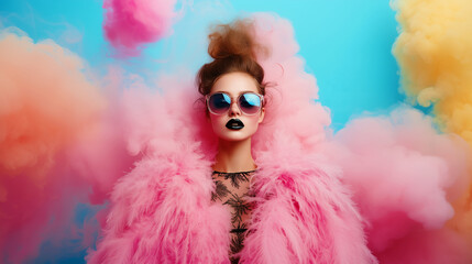 Bold fashion statement with pink fur and sunglasses for modern editorial and luxury branding visuals