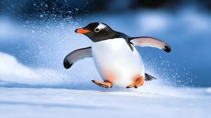 Fototapeta premium A penguin sliding on ice in Antarctica