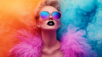 Vibrant fashion diva in bold colors and luxurious feathers, perfect for trendsetting campaigns and creative branding. Rainbow trendy