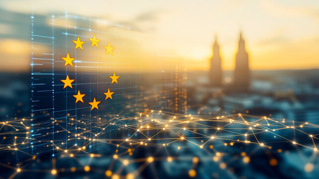 European Union digital network concept with glowing stars, city skyline, and interconnected technology, highlighting innovation and connectivity trends.