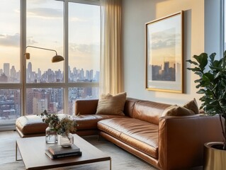 A brown leather couch is in a living room with a view of the city