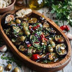 Fototapeta premium A Mediterranean dish with olives, roasted eggplant, garlic, and herbs served on a wooden board.
